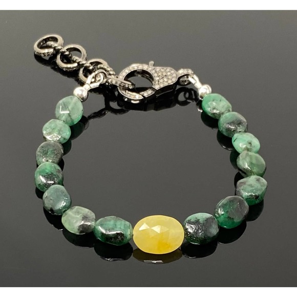Pave Diamond Natural Emerald and Yellow Sapphire Adjustable Bracelet - Picture 1 of 10
